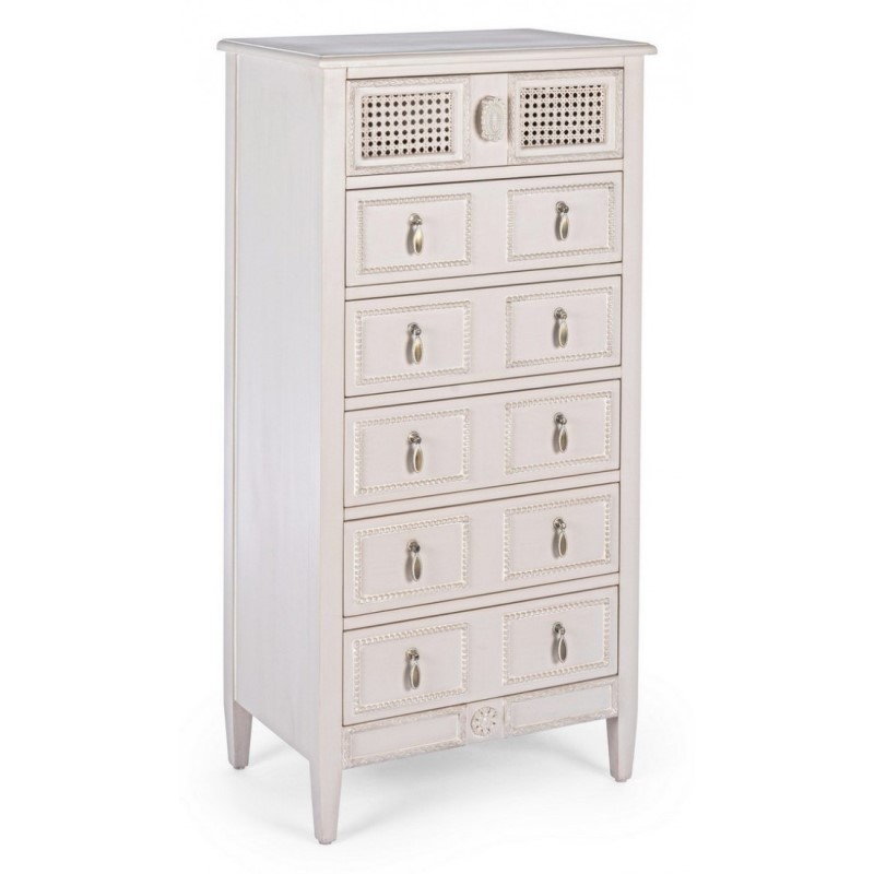 Cassettiera Stretta in Legno Bianca con Sei Cassetti - Dimensioni 56x36x119 cm