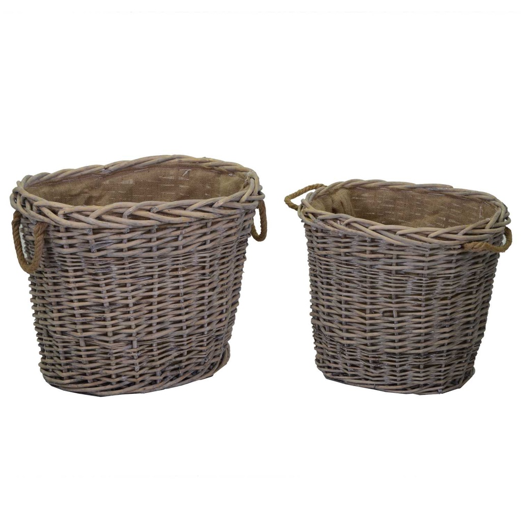 Cesta portalegna ovale in vimini con manici 1-2 foderata in juta naturale cm57x46h46