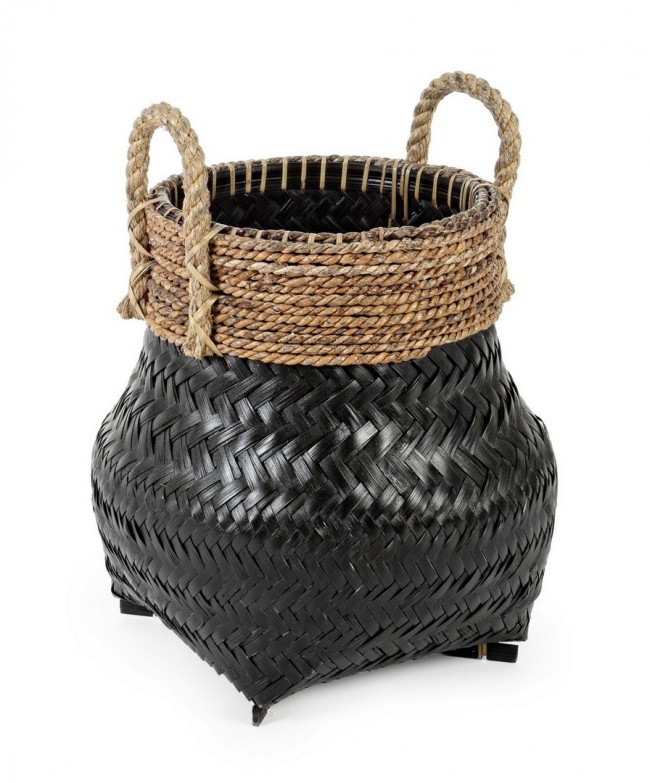 Cesto Deco Priscilla Nero S in Bambu' Intrecciato con Manici in Corda
