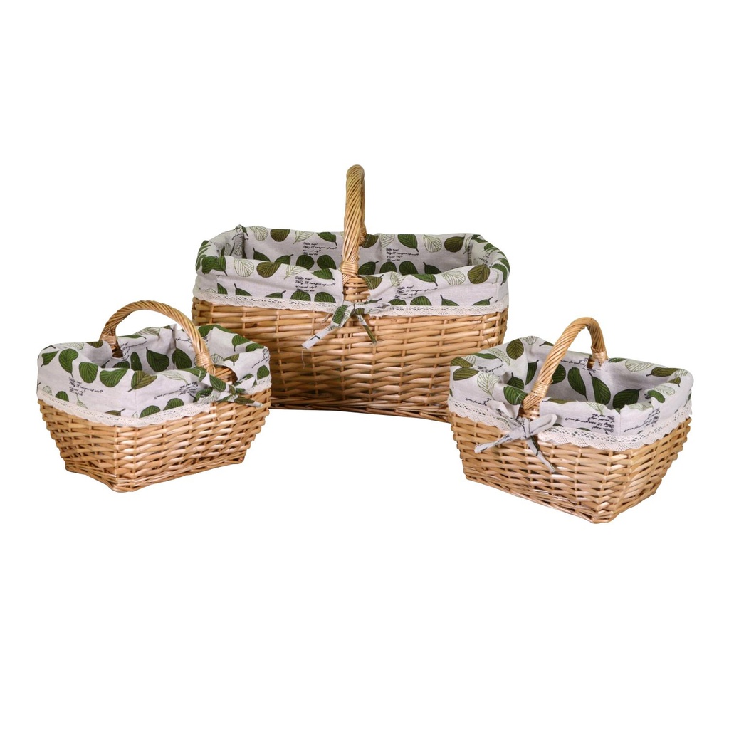 Cesto in vimini rettangolare con 2 piccoli e fordera naturale 44x35h33 cm