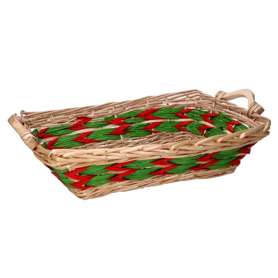 Cesto intrecciato rettangolare in vimini verde rosso naturale 53x38x13 cm
