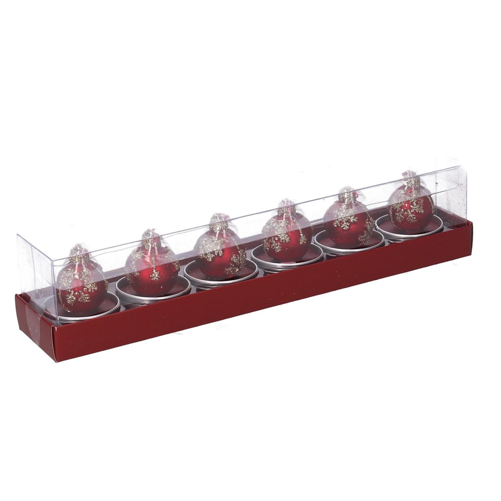Confezione 6 pezzi candela sfera con fiocchi di neve rosso ø4cm x h4cm
