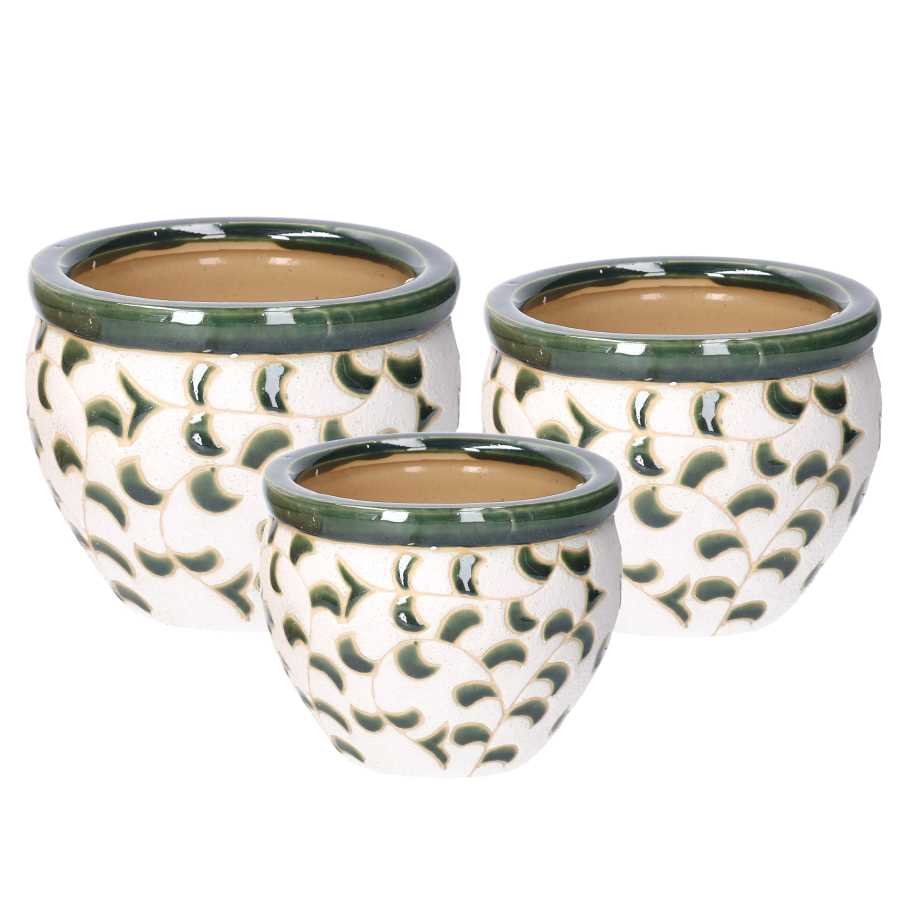 Coprivaso in ceramica bianco verde con foglie - 30x21 cm