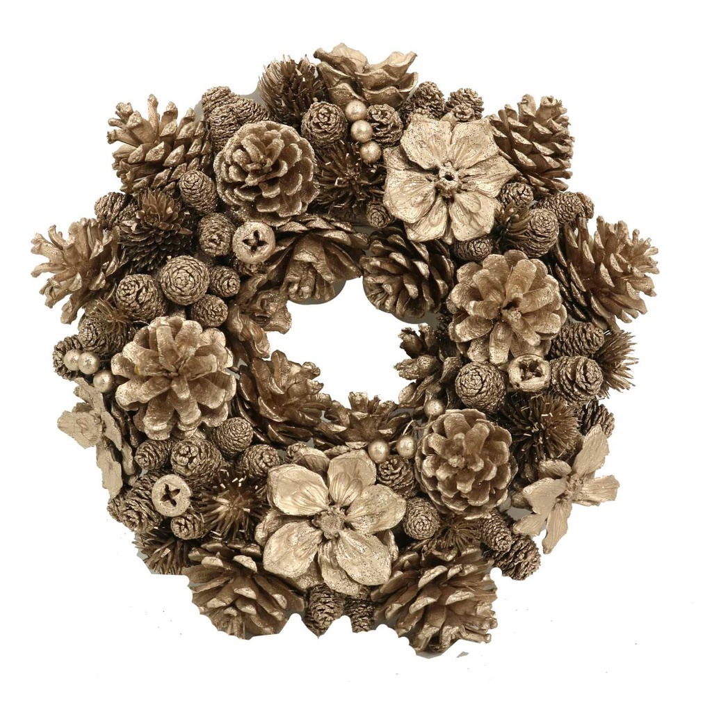 Coroncina con fiori e pigne champagne ø30x8 cm