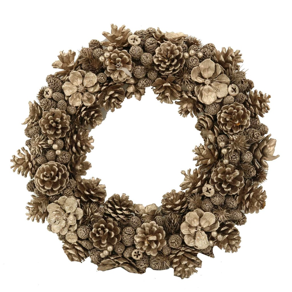 Coroncina con fiori e pigne champagne ø45h8,5 cm