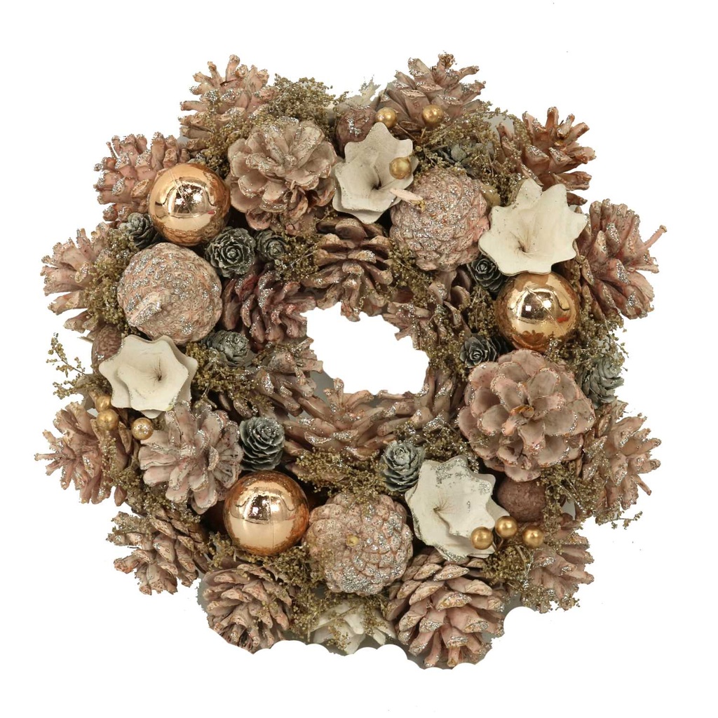 Coroncina rosa con fiori e pigne ø30h8