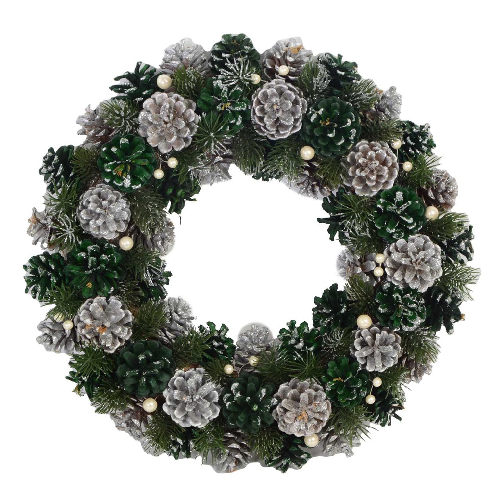 Coroncina con pigne argento verde ø30 cm