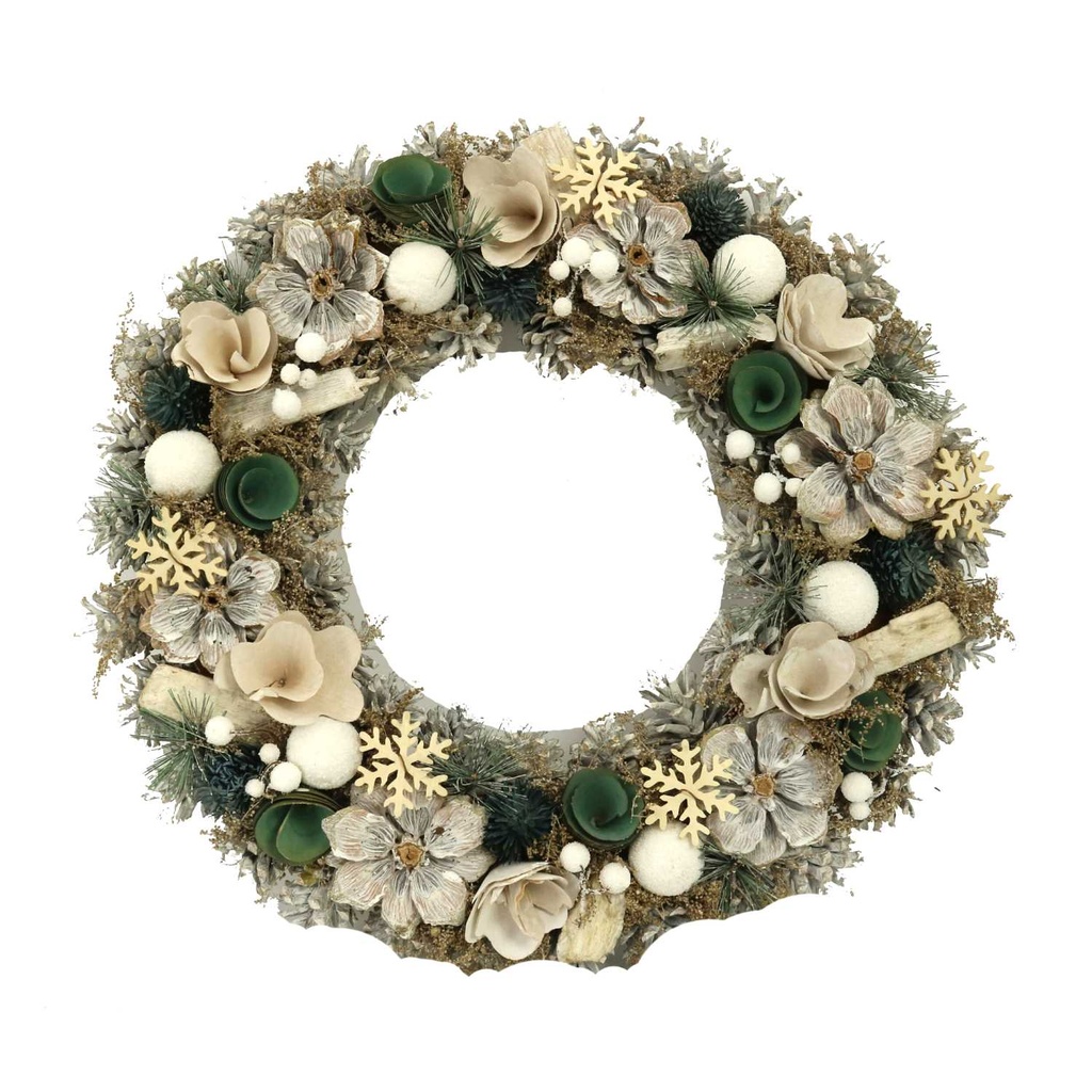Coroncina con pigne e fiori bianco verde ø45x8,5 cm