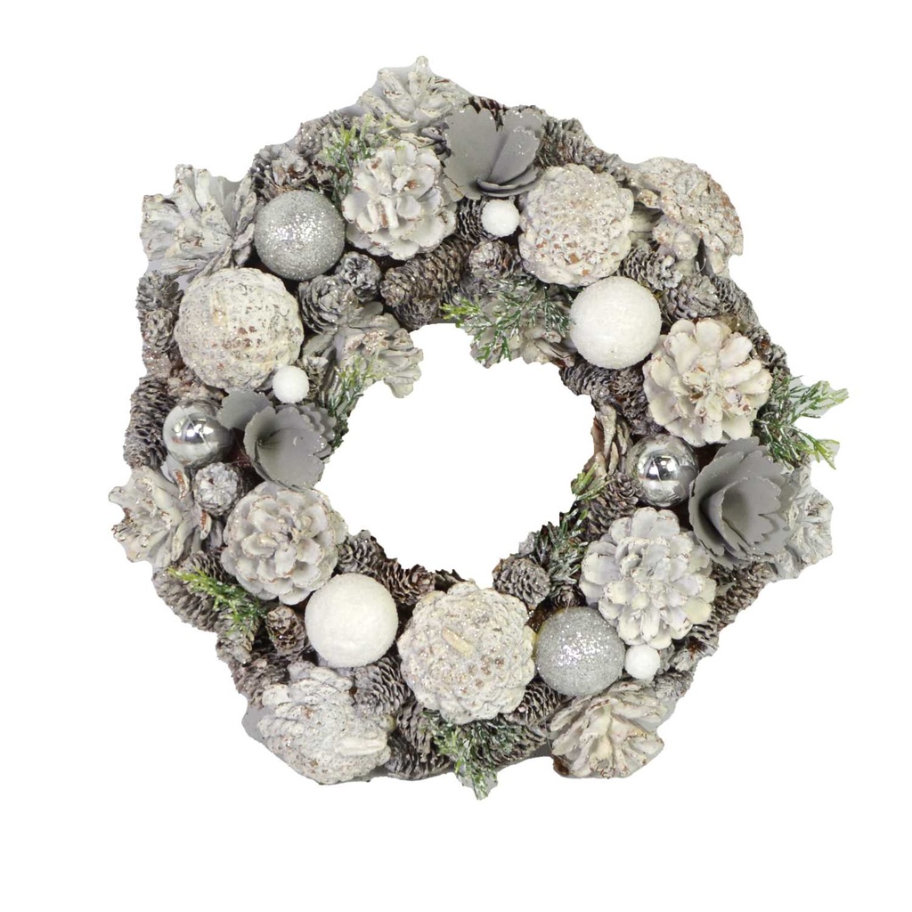Coroncina con pigne glitter argento ø45 cm