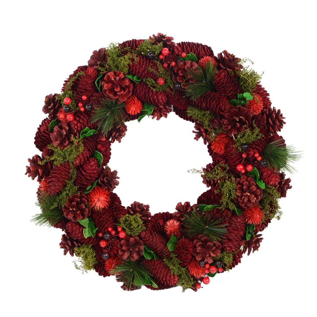 Coroncina rossa con pigne ø30 cm
