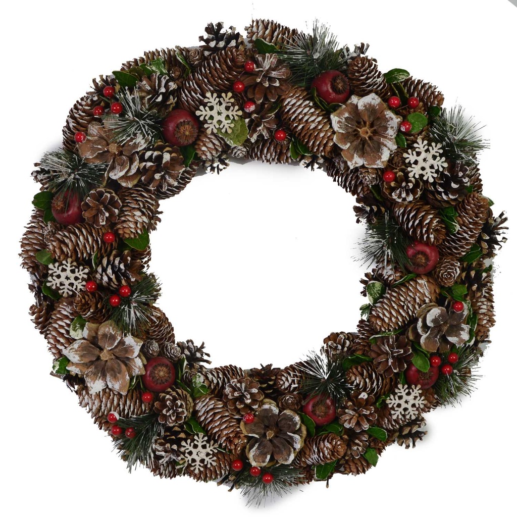 Coroncina innevata con bacche bianche e fiori ø45h8,5 cm