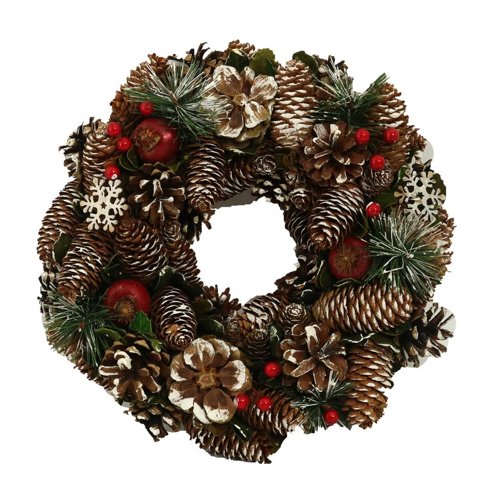 Coroncina innevata con bacche e fiori verde ø30x7,5 cm