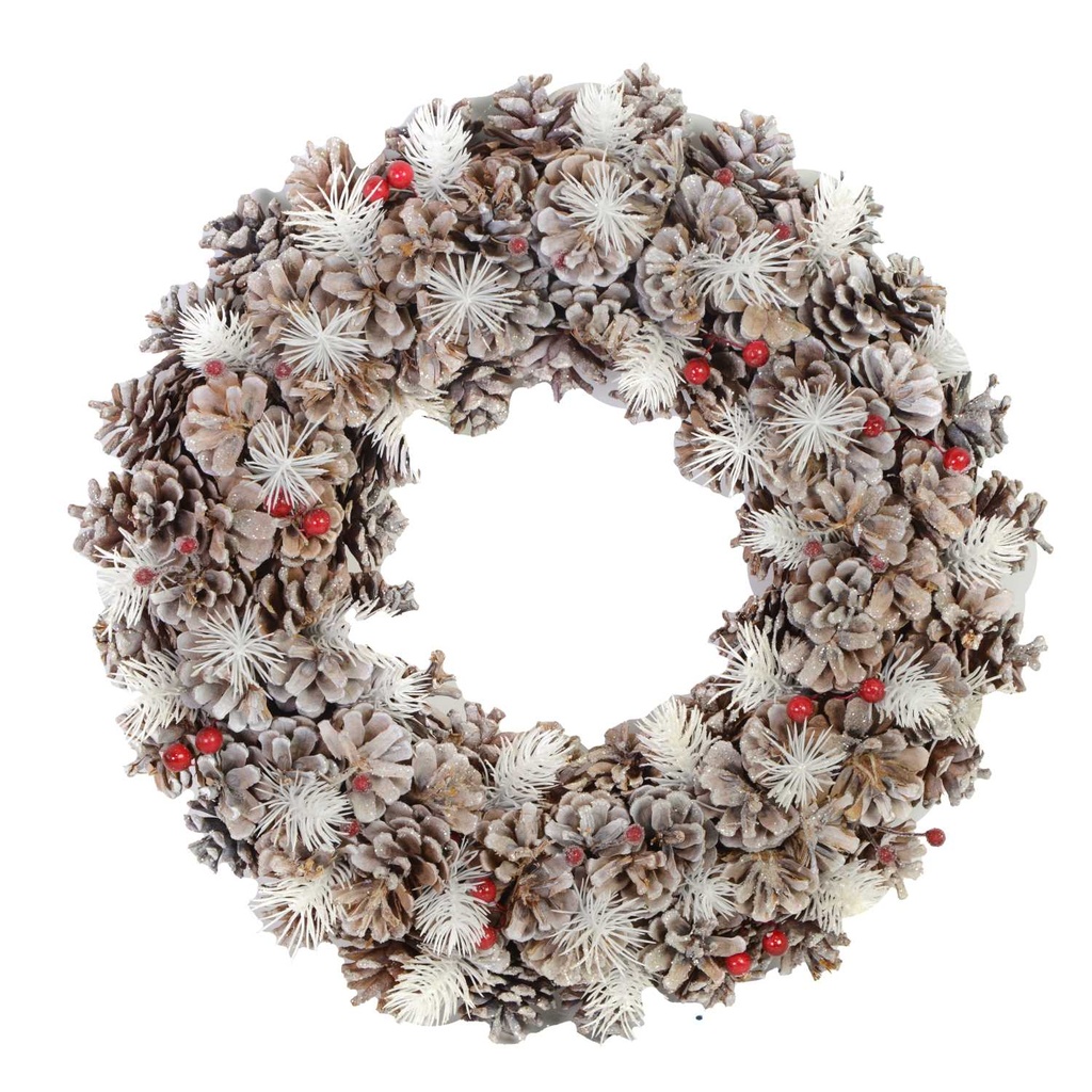 Coroncina innevata con bacche e pigne naturali ø30 cm