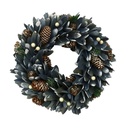 Coroncina innevata con pigne e foglie blu ø30h8,5 cm