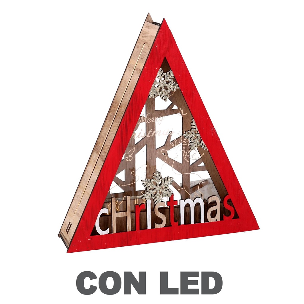 Decorazione triangolare in legno rosso con led cm22x4,5h20