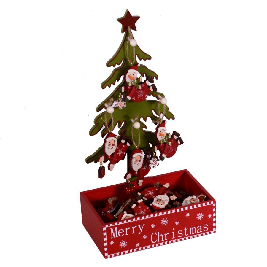 Espositore in legno a forma di albero con 24 decorazioni assortite cm23x14h43