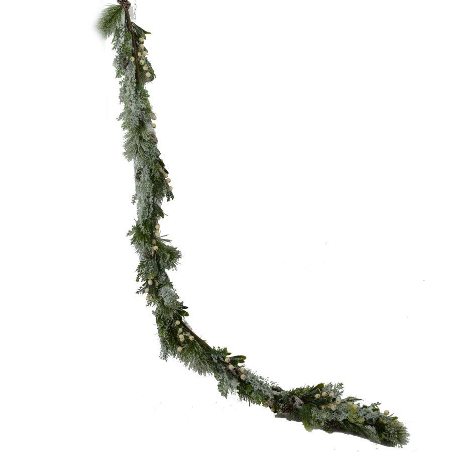 Festone con pigne e bacche bianco brinato 34x165 cm
