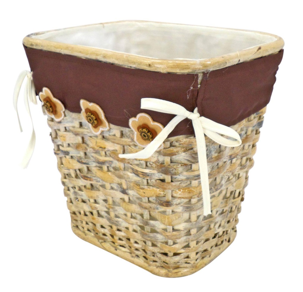 Cestino carta rattan bianco singolo con fodera marrone e fiori rettangolari cm25xh25x20