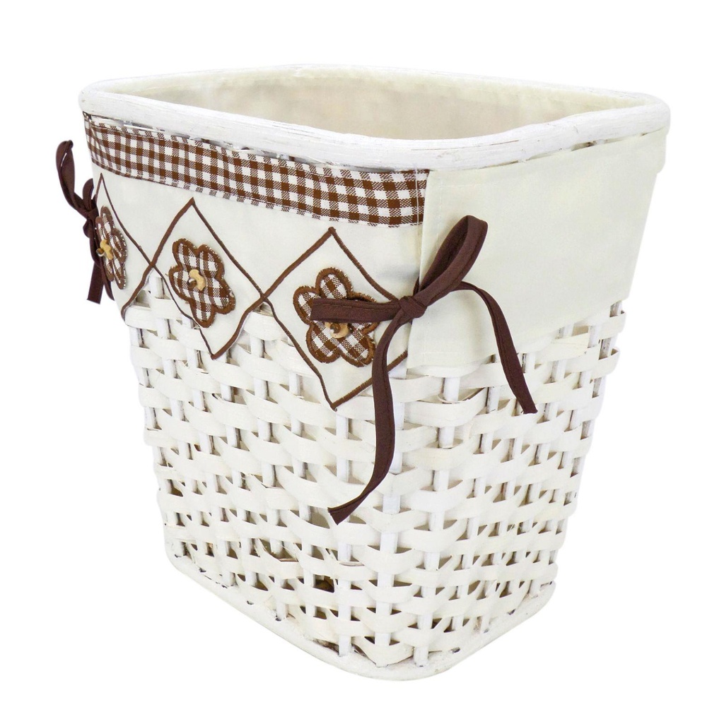 Cestino in rattan bianco singolo con fodera quadrettata marrone cm25xh25x20
