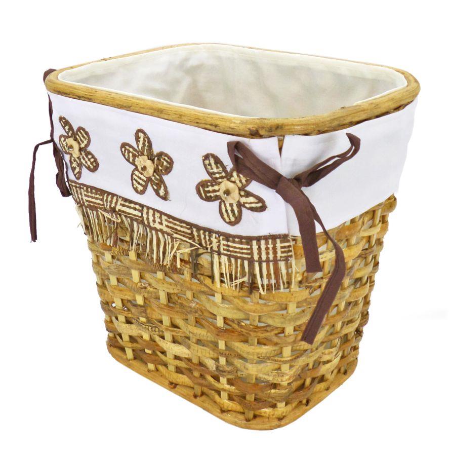 Cestino per la carta rettangolare in rattan di noce con fodera a fiori marroni cm25x20h25