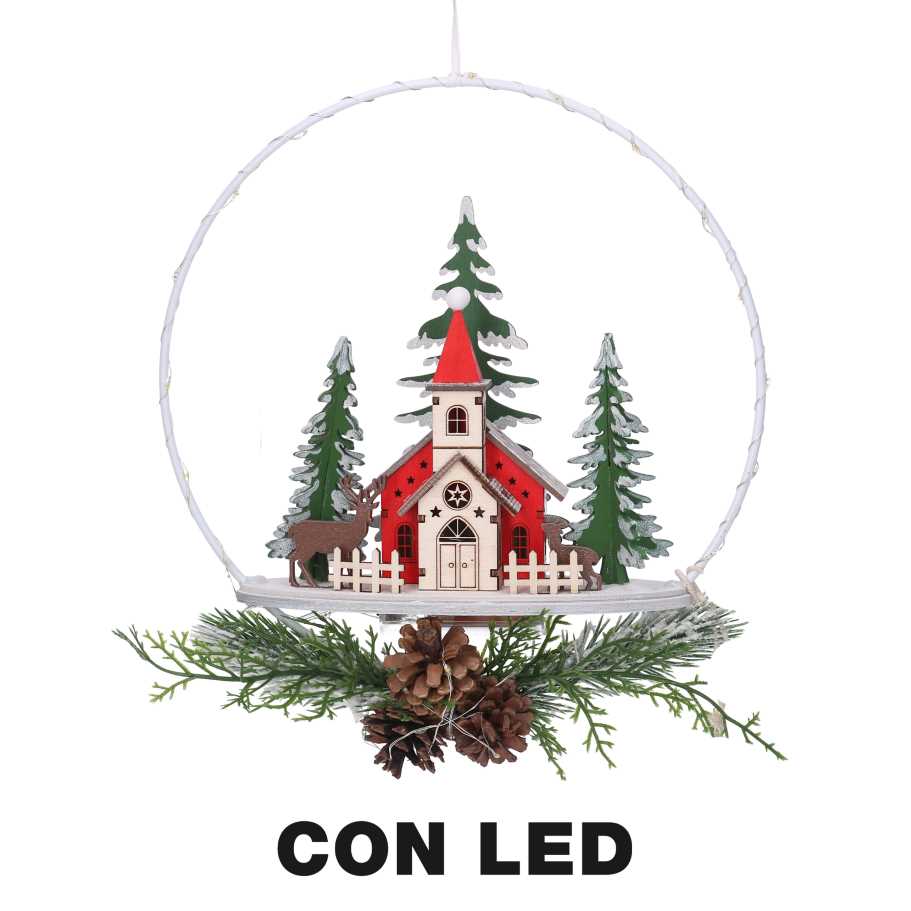 Ghirlanda Metallo LED con Chiesa Rosso 25x7x47,5 cm
