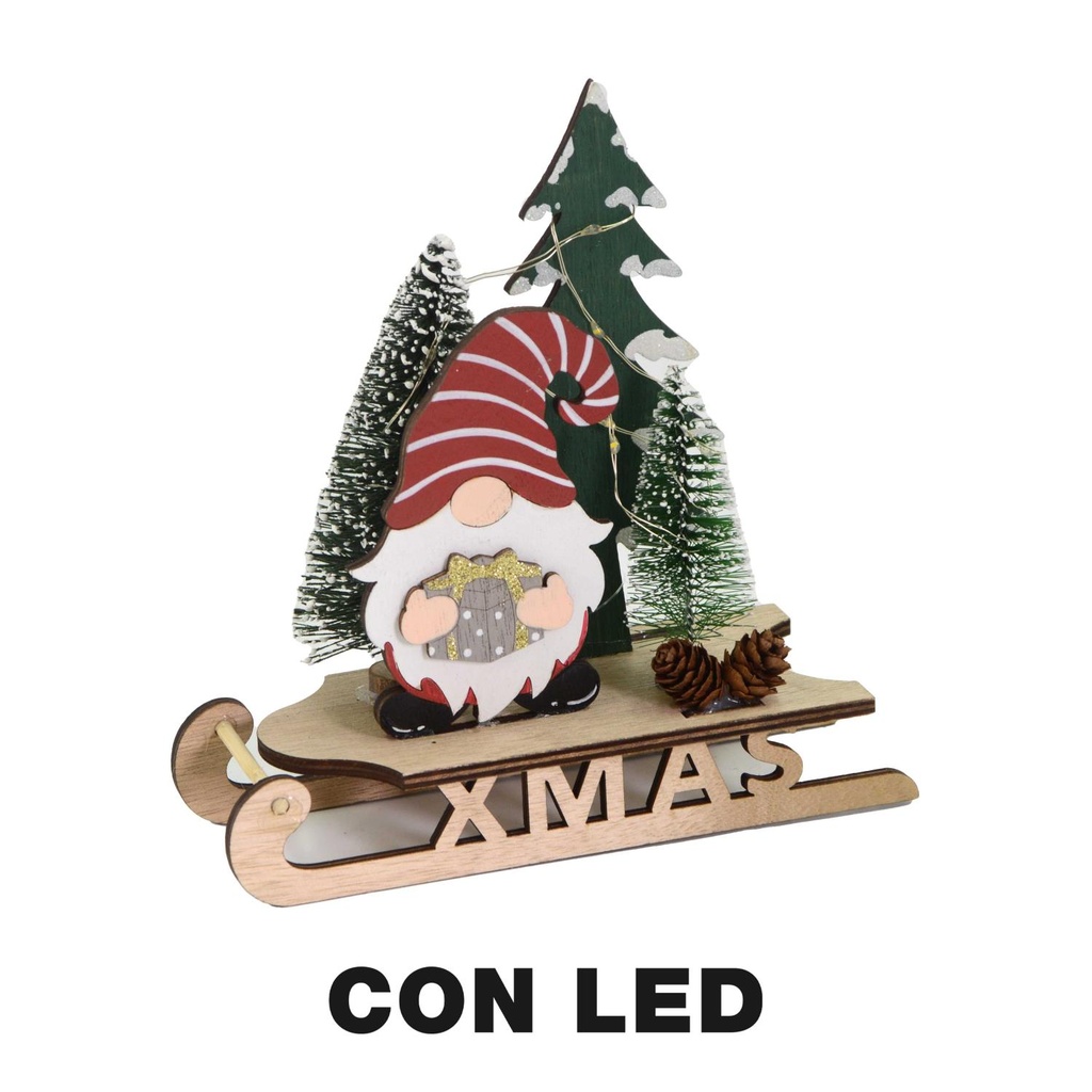 Gnomo di legno su slitta con luci LED rosse, 18x7x18,5 cm