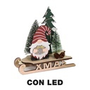 Gnomo di legno su slitta con luci LED rosse, 18x7x18,5 cm