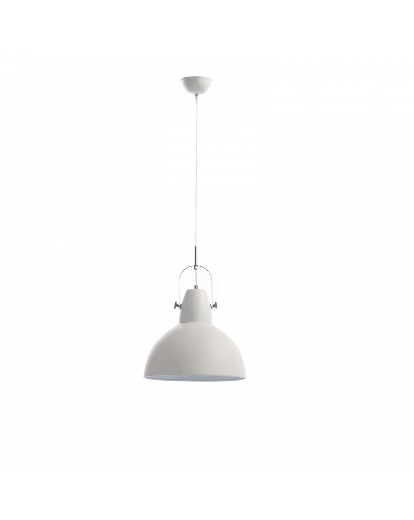 Lampada a sospensione in acciaio bianco con paralume in metallo, cavo grigio e rosone bianco opaco, dimensioni 38cm x 38cm x 165cm