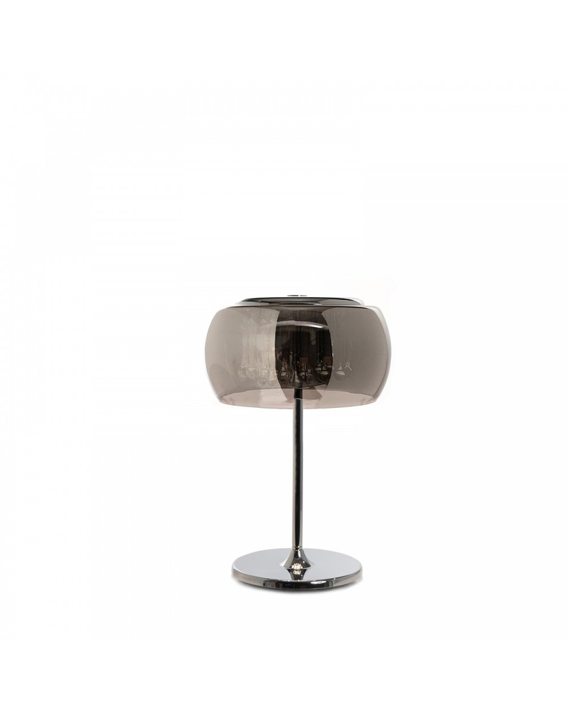 Lampada da tavolo in vetro e metallo grigio cromo, con paralume in vetro specchiato e base in acciaio, 28x28x42 cm