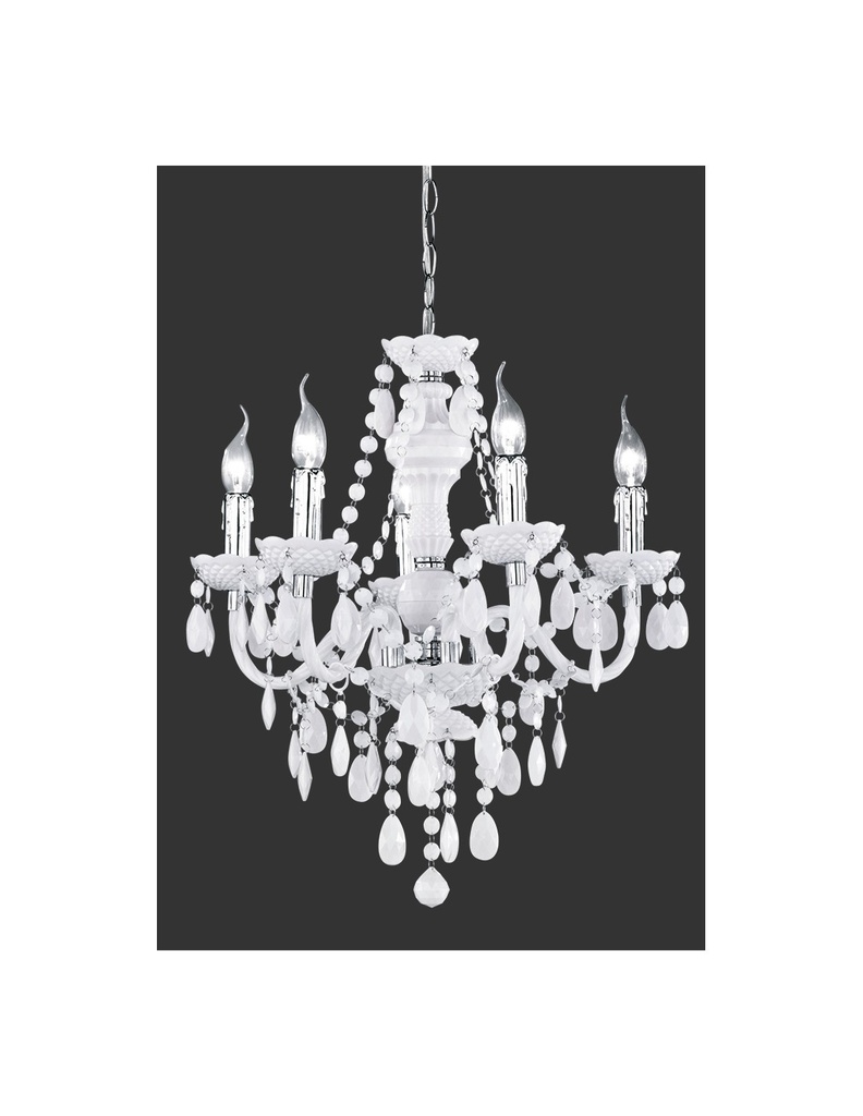 Lampadario Classico Cromo e Bianco con Pendenti Decorativi - 5 Bracci
