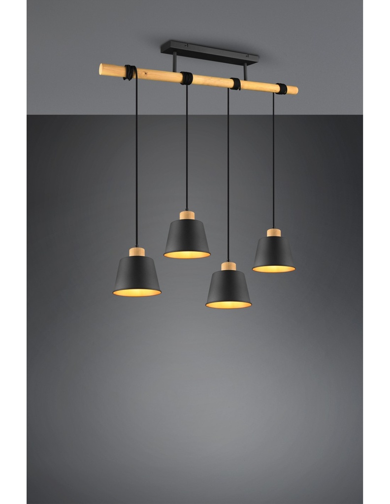 Lampadario a Sospensione 4 Paralumi Nero Oro in Legno