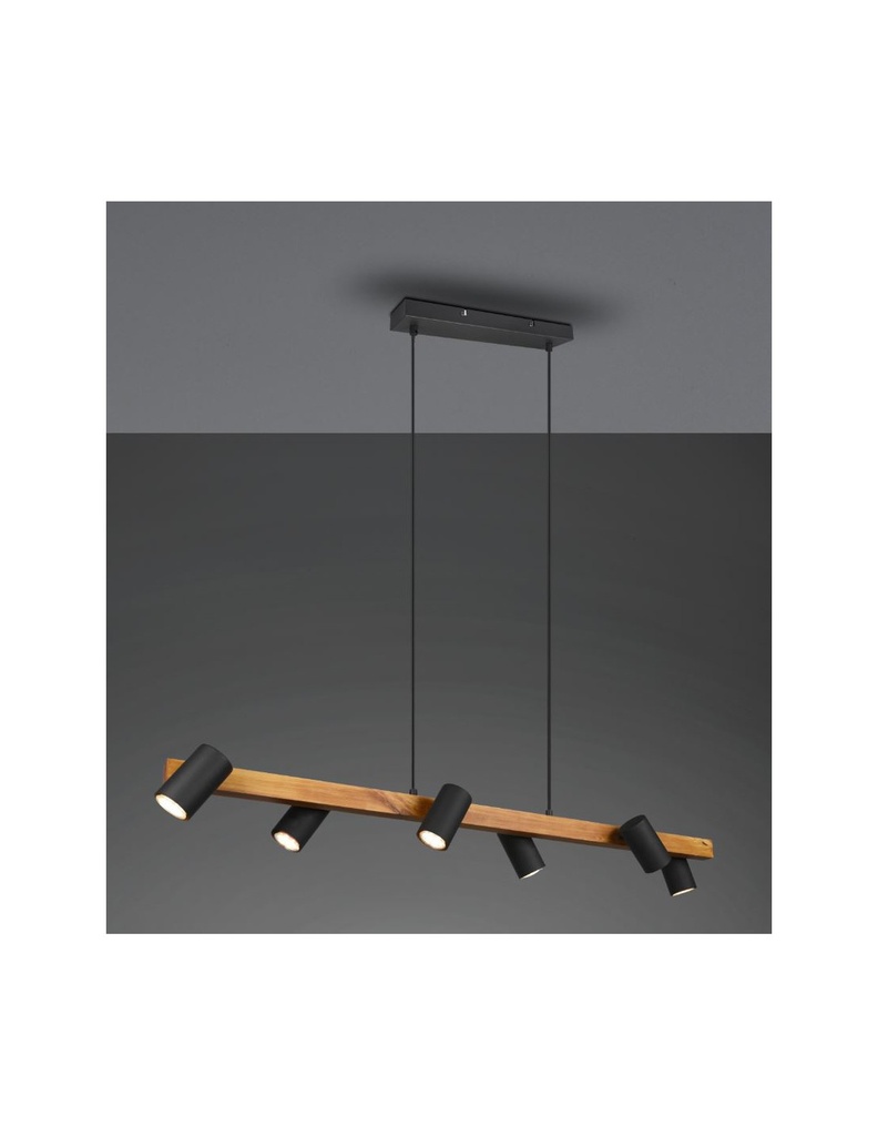 Lampadario Sospensione Legno 6 Spot Neri Cilindrici Orientabili