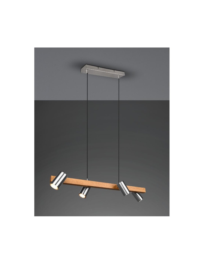 Lampadario Lineare Legno e Nichel 4 Spot Cilindrici Orientabili