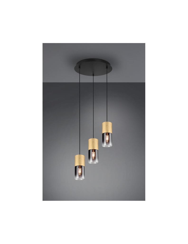 Lampadario Sospensione 3 Luci Cilindro Ottone Vetro Fumé