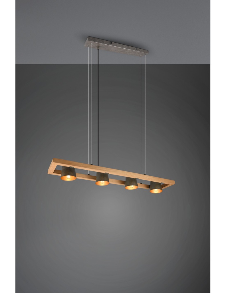 Lampadario Sospensione Rettangolare 4 Spot Orientabili Legno E Metallo Nichel