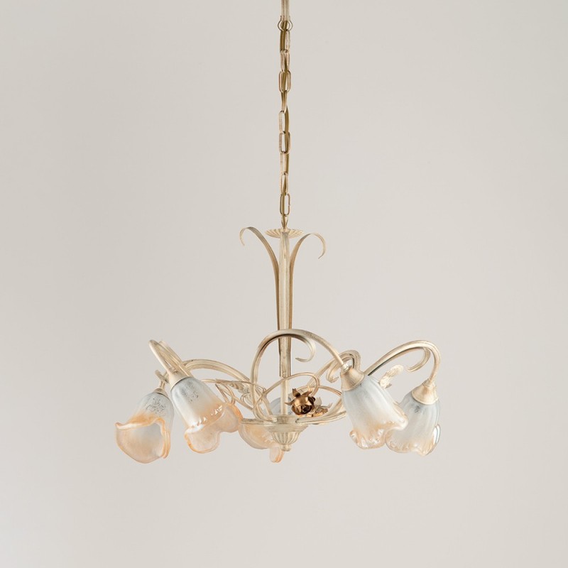 Lampadario a sospensione in ferro Avorio Oro rose cinque luci 60x h47 cm