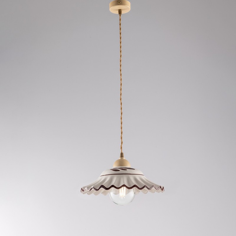 Lampadario cavo tessuto Marrone Decape paralume ceramica Bianca 30x h14 cm