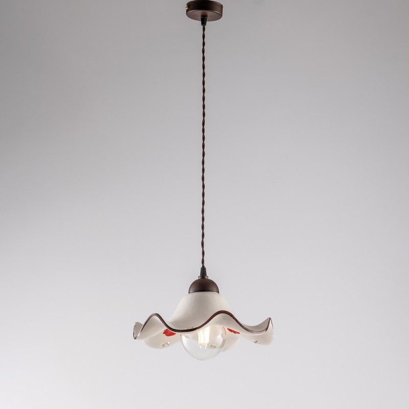 Lampadario cavo tessuto Nero Ruggine paralume in ceramica Bianco 30x h16 cm