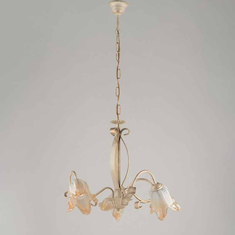 Lampadario cucina in ferro Avorio Oro tre luci paralumi  Ambra 51x h43 cm