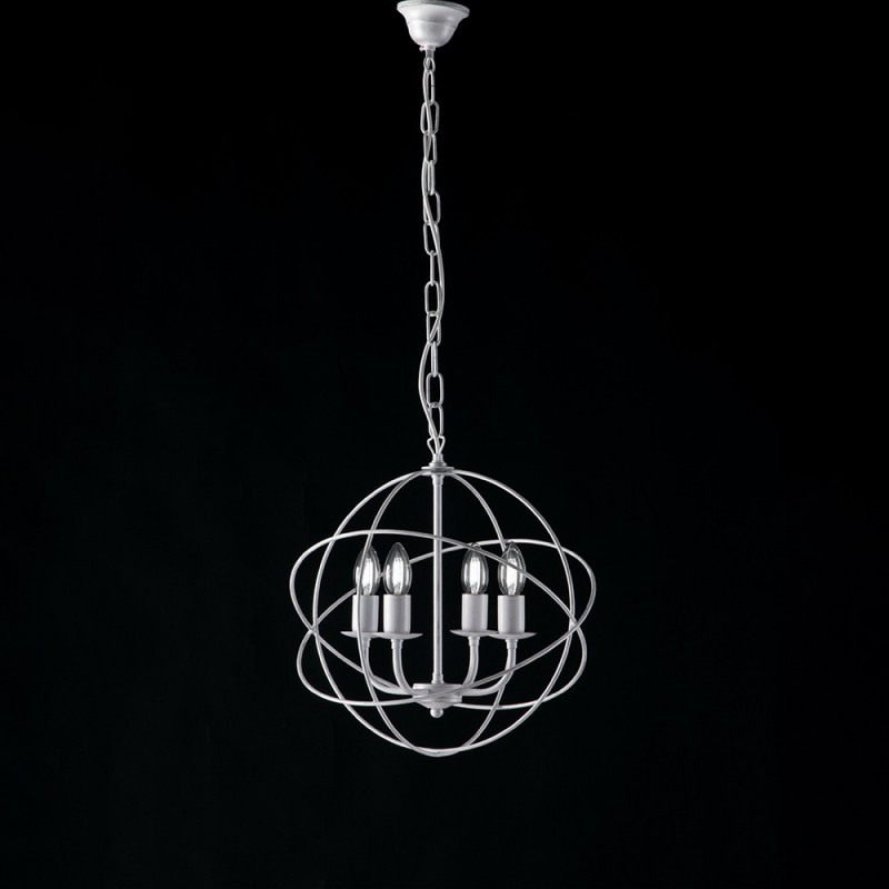 Lampadario deco sospensione ferro Bianco Argento quattro luci 39x h42 cm