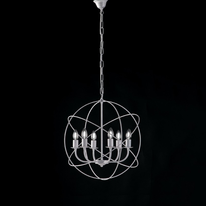 Lampadario deco sospensione ferro Bianco Argento sei luci 51x h55 cm