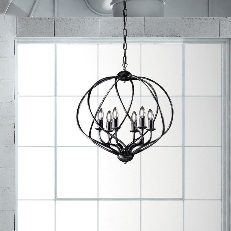 Lampadario deco sospensione ferro Nero decorazione Argento sei luci 57x h57 cm