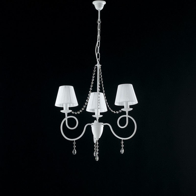 Lampadario ferro Bianco tre luci decorazione shabby paralumi Bianchi 60x h67 cm