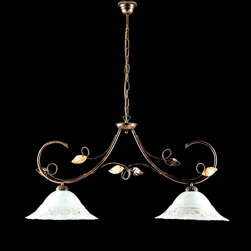 Lampadario ferro Marrone Oro due luci paralumi vetro Bianco 94x h49 cm