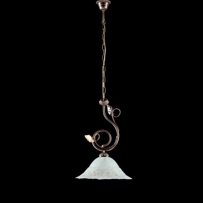 Lampadario ferro Marrone Oro una luce paralume vetro Bianco 33x h49 cm