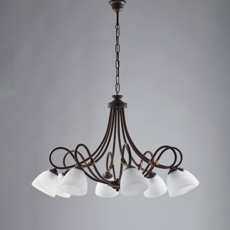 Lampadario ferro Nero ruggine otto luci paralumi vetro Alabastro bianchi 81x h55 cm