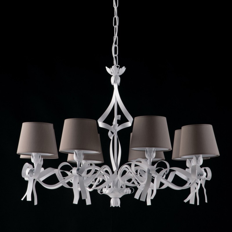 Lampadario  ferro laccato bianco con decorazione shabby 8 luci con paralumi in pvc tortora