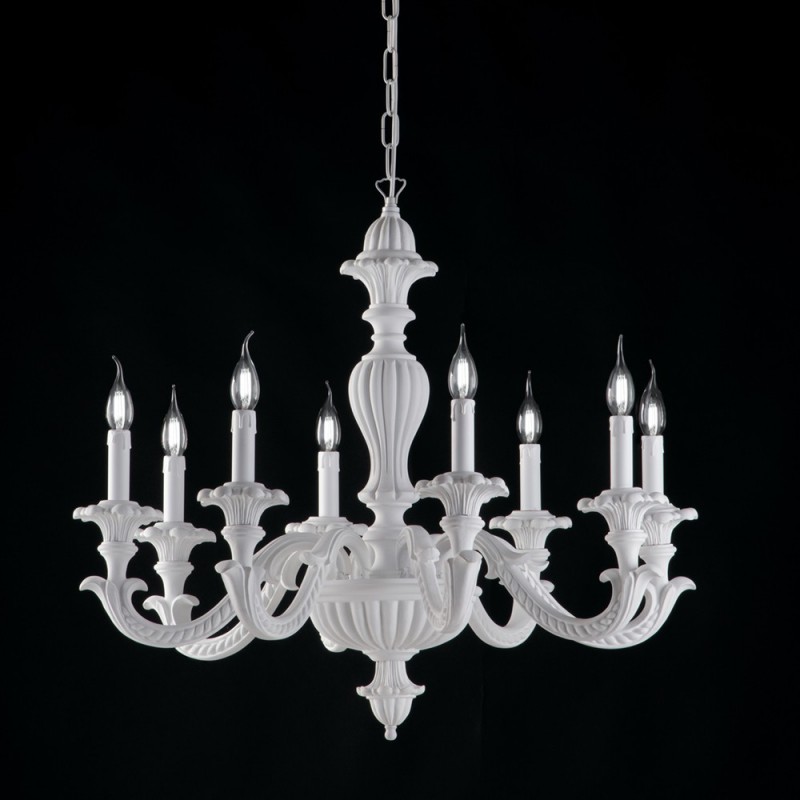 Lampadario impero  in legno e pasta di legno bianco shabby 8 luci