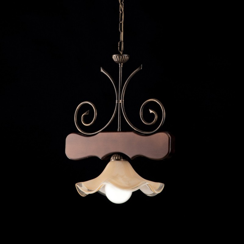 Lampadario in Legno e ferro Noce Antico una luce paralume in vetro 43x h48 cm