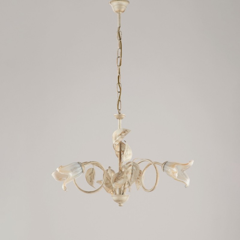 Lampadario in ferro Avorio Oro Vetri Bianchi Ambra tre luci 58x h43 cm